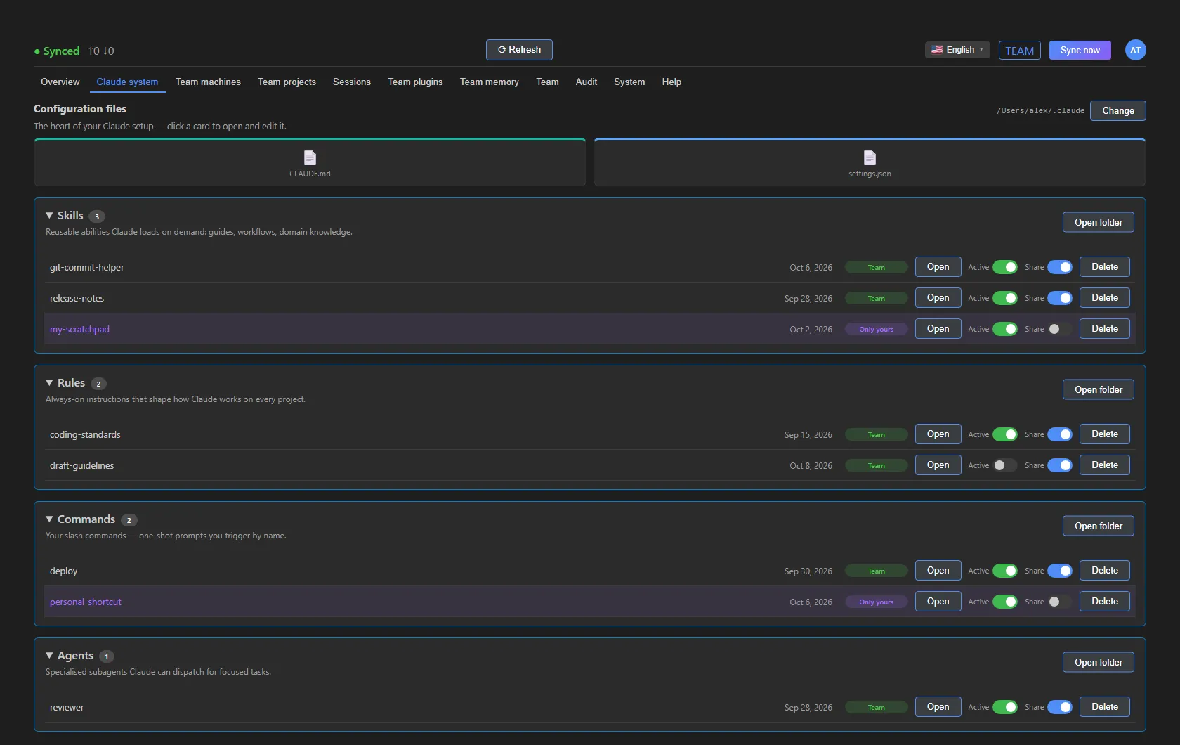 The Claude system tab: the CLAUDE.md and settings.json cards and the Skills, Rules, Commands and Agents sections with dates, labels and controls