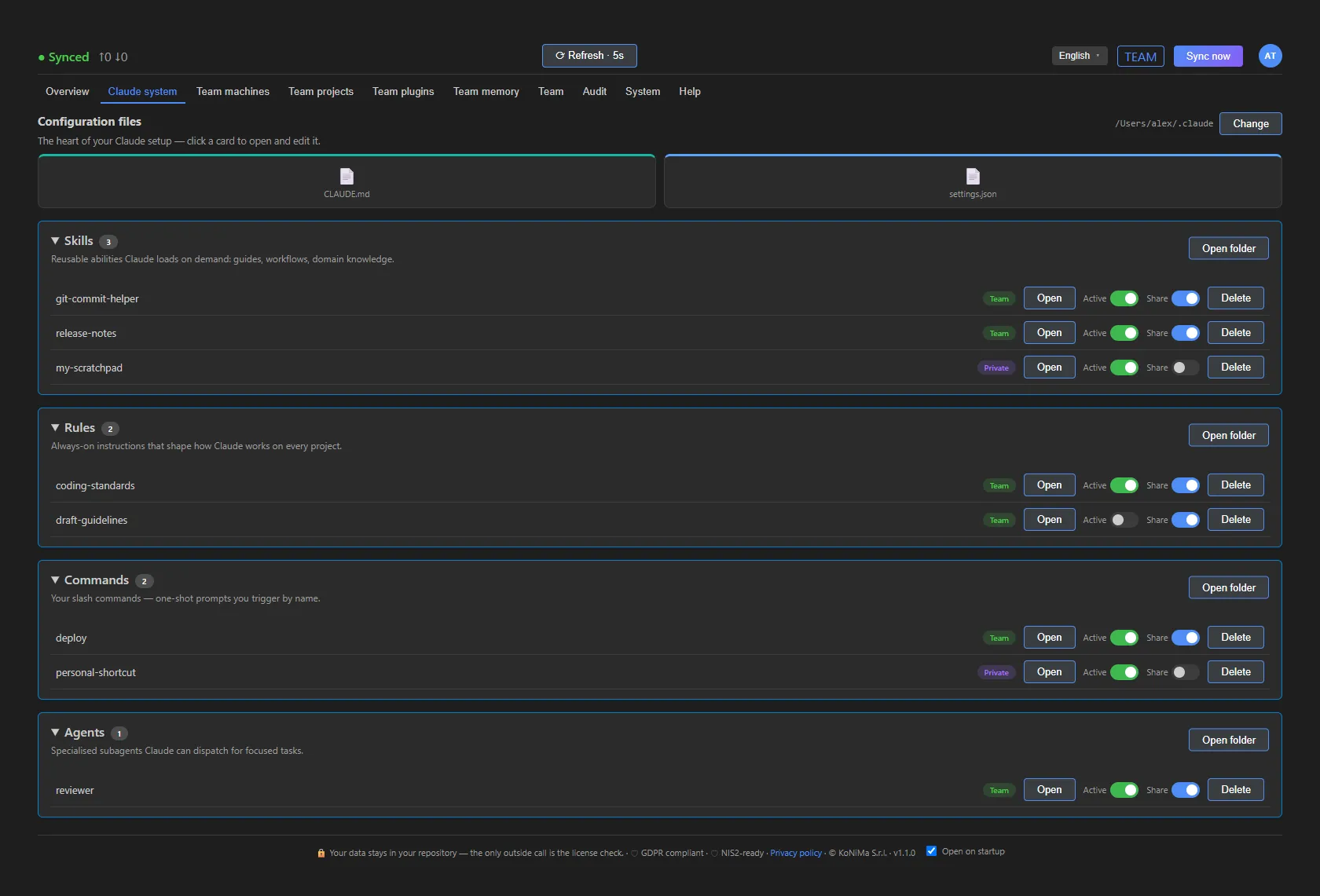 Scheda Sistema Claude: le card dei file di configurazione CLAUDE.md e settings.json e gli accordion per Skill, Regole, Comandi, Agenti e Hook del team