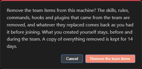 The confirm window that asks whether to remove the team items from this machine, with the Cancel and Remove the team items buttons