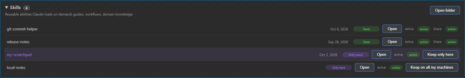 Skills as a member sees them: read-only states, an Only yours skill with the Keep only here button, and an Only here skill with the Keep on all my machines button