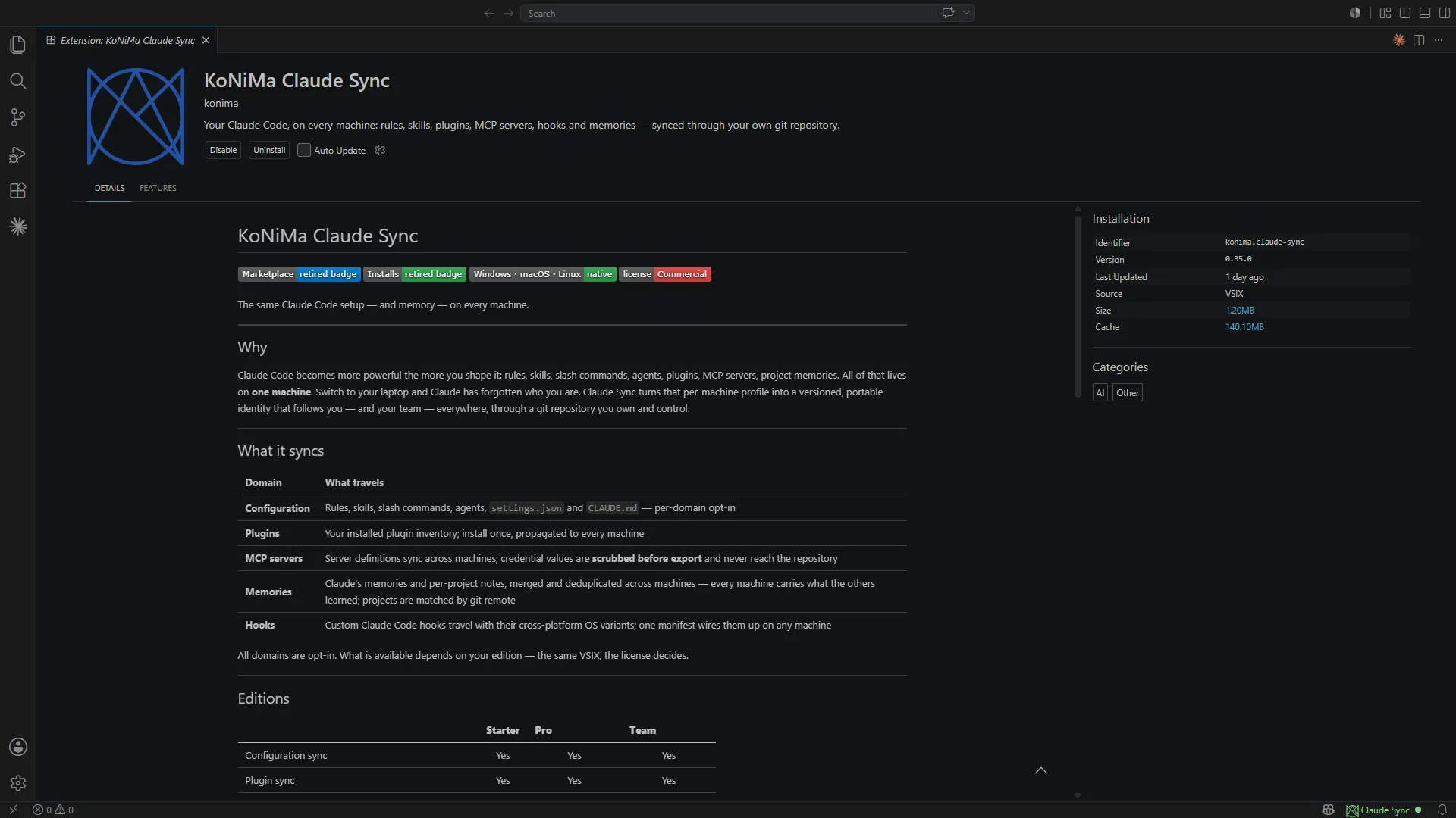 Pagina dell'estensione KoNiMa Claude Sync nello store di VS Code, con il pulsante di installazione e il pannello dei dettagli (identificativo, versione, categorie)