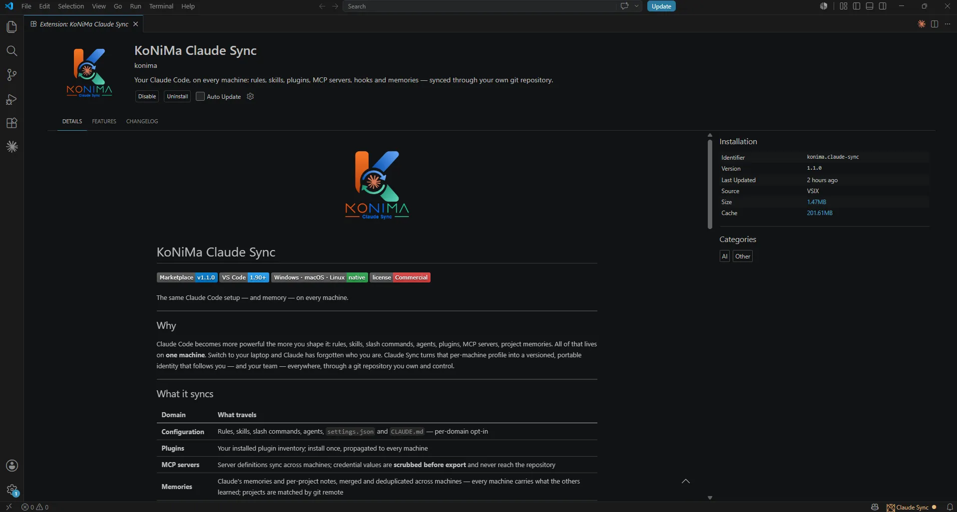 Pagina dell'estensione KoNiMa Claude Sync nello store di VS Code, con il pulsante di installazione e il pannello dei dettagli (identificativo, versione, categorie)