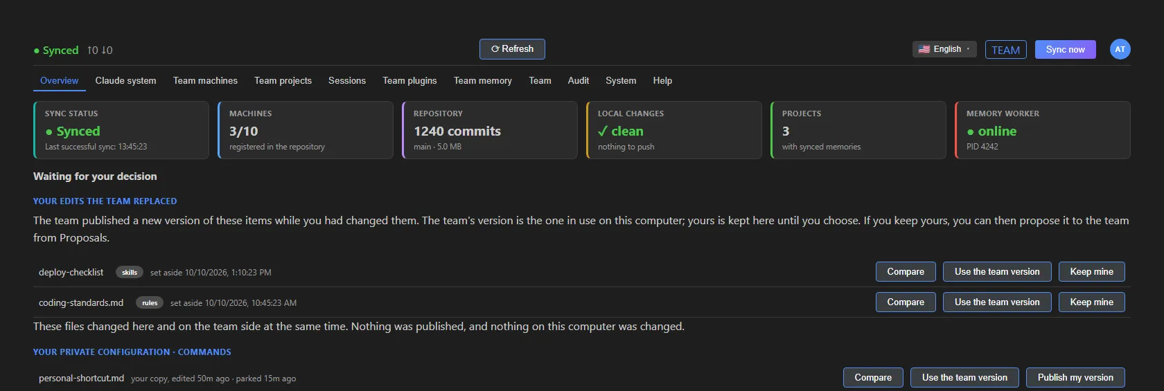 The "Waiting for your decision" section as a member sees it: two edits the team replaced, with the Compare, Use the team version and Keep mine buttons, and a personal item with Compare, Use the team version and Publish my version