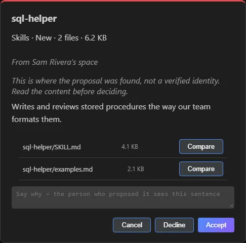 The proposal review window: the list of files with the Compare button, the field for the reason and the Cancel, Decline and Accept buttons