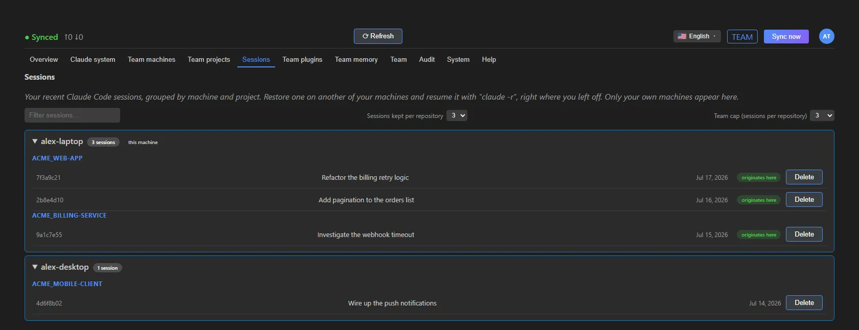 The Sessions tab: sessions grouped by machine and by project, with the filter, the number of sessions kept per repository and the Delete button on each row