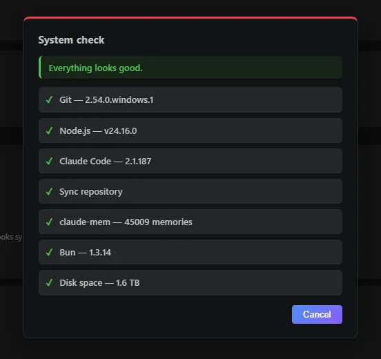 Modale "System check": diagnostica dell'ambiente con gli esiti per Git, Node.js, Claude Code, repository di sincronizzazione, memorie, runtime e spazio su disco