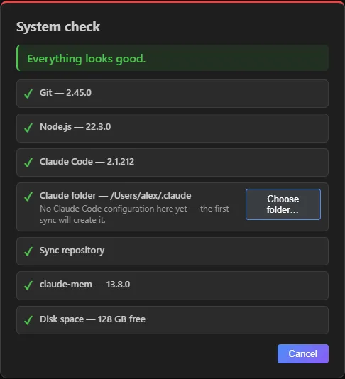 Modale "System check": diagnostica dell'ambiente con gli esiti per Git, Node.js, Claude Code, repository di sincronizzazione, memorie, runtime e spazio su disco