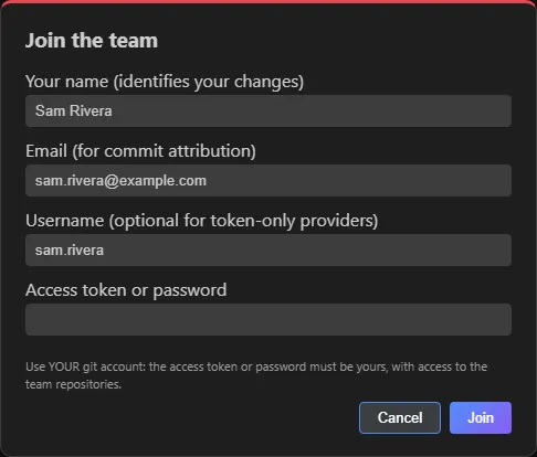 The "Join the team" window with the name, email, username and access token or password fields and the Cancel and Join buttons