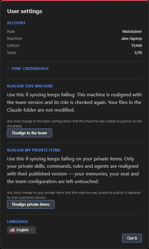 The User settings panel with the Account, Sync credentials, Realign this machine, Realign my private items and Language sections