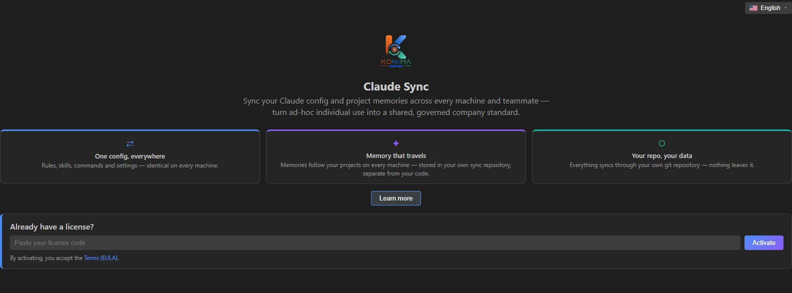 Schermata di primo avvio di KoNiMa Claude Sync: il riquadro "Already have a license?" per incollare il codice e la sezione "How it works"