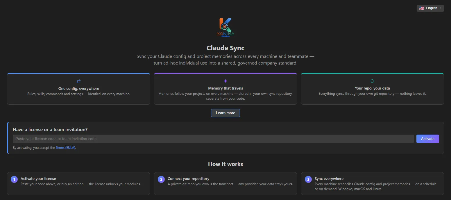 First-launch screen of KoNiMa Claude Sync: the "Have a license or a team invitation?" panel for pasting a license or invitation code, and the "How it works" section